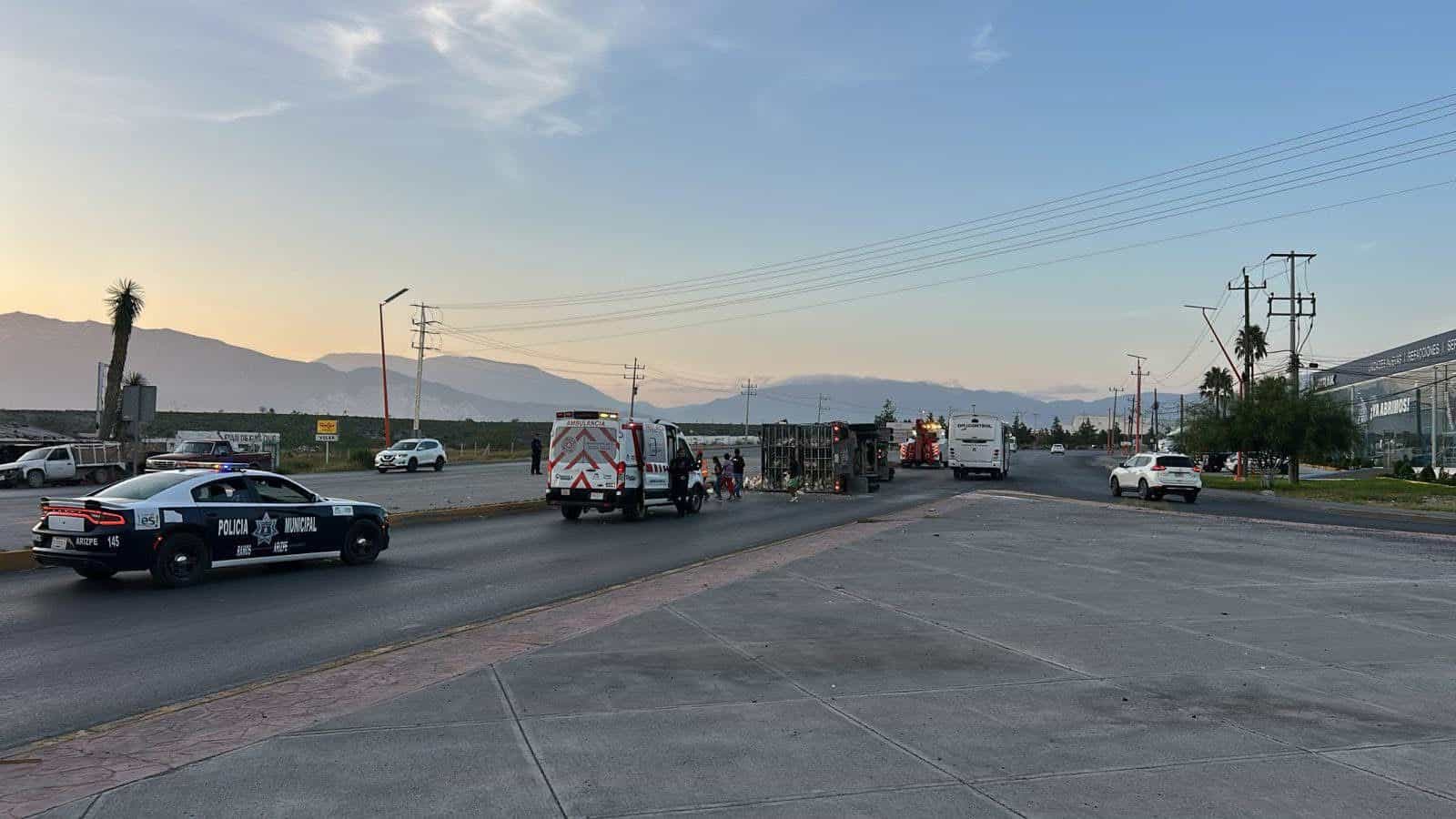 ¡Pollitos en fuga! Vuelca tráiler cargado de pollos en libramiento de Ramos Arizpe