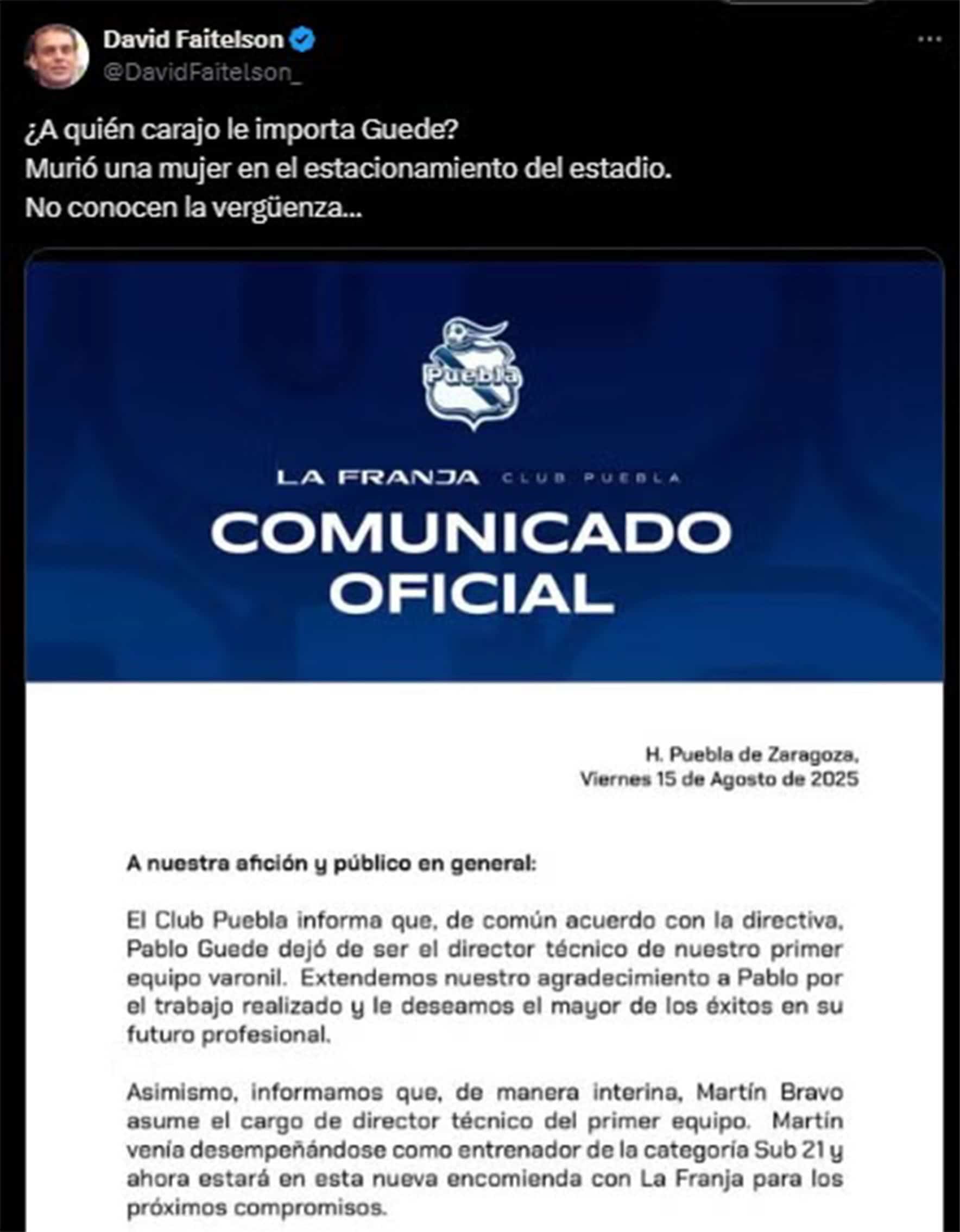 Faitelson crítica al Puebla tras muerte de mujer previo a un partido