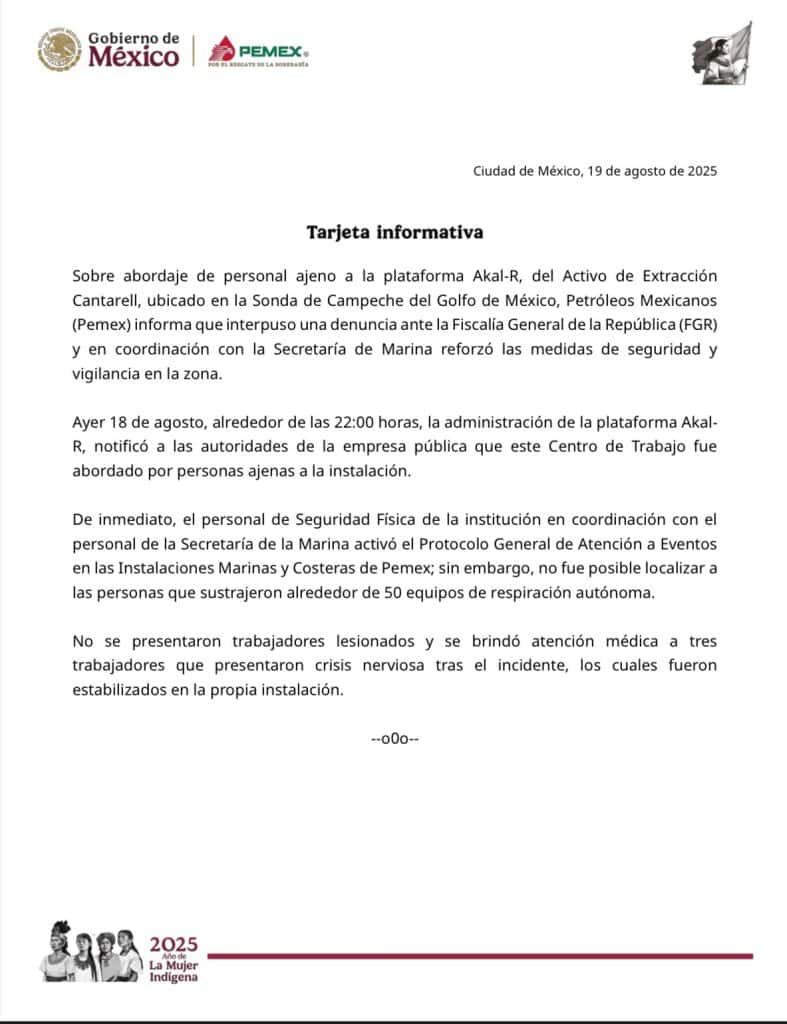 Asaltan plataforma de Pemex: piratas roban equipo de emergencia en Campeche