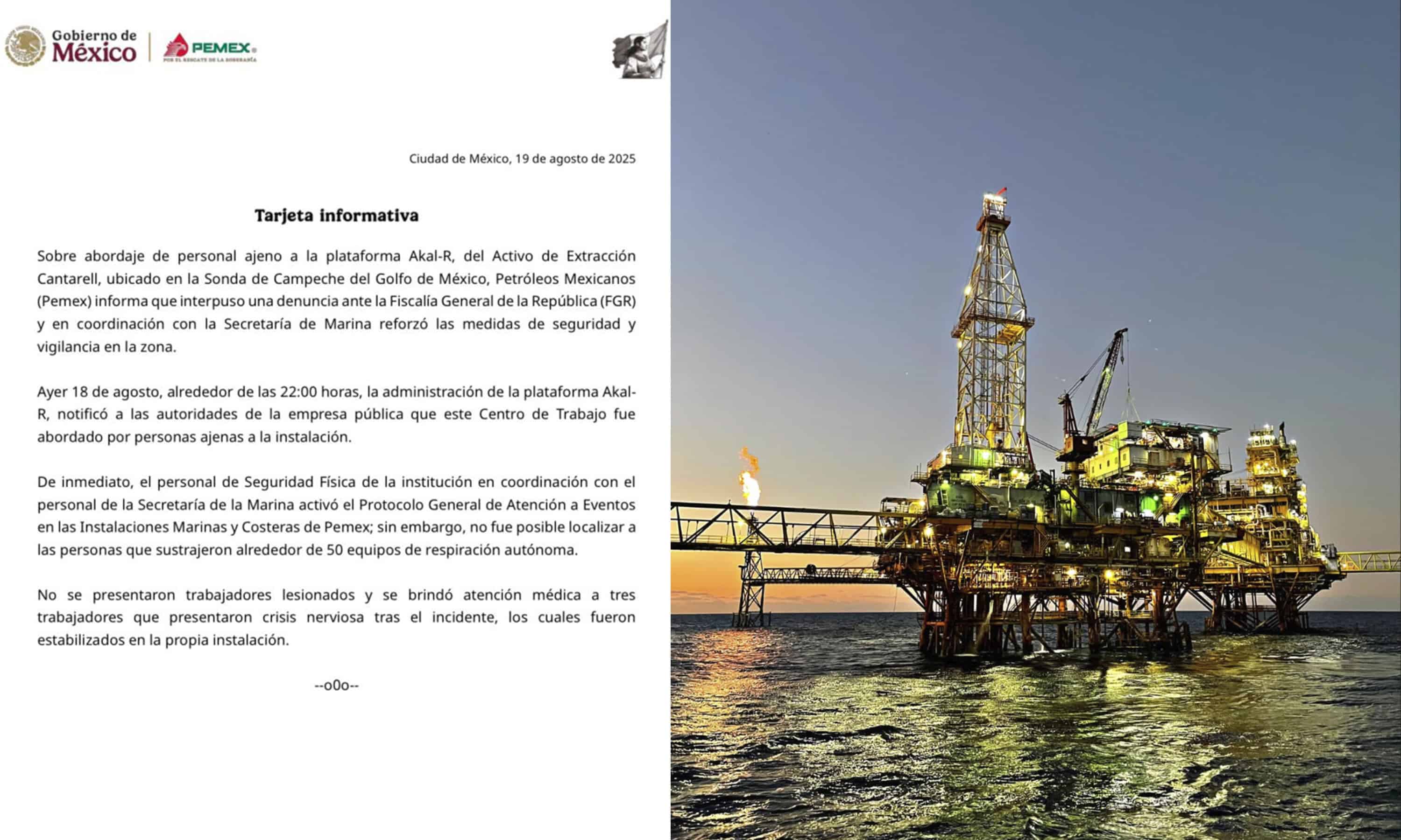 Asaltan plataforma de Pemex: piratas roban equipo de emergencia en Campeche
