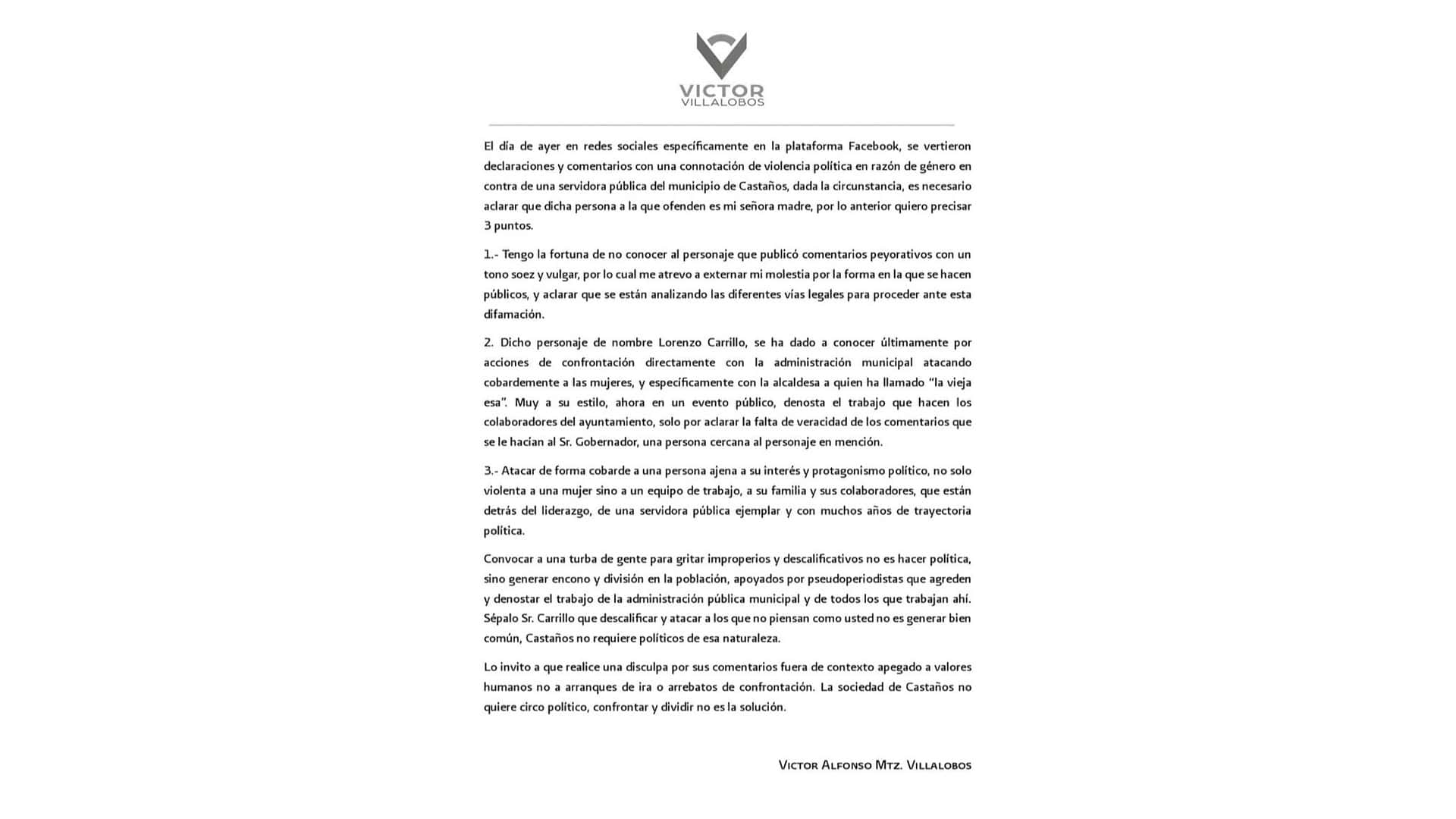 Víctor Alfonso Martínez Villalobos denuncia ataques a su madre