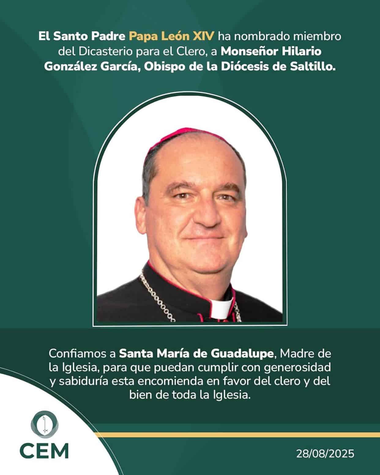 Papa León XIV elige a obispo de Saltillo para Dicasterio del Clero