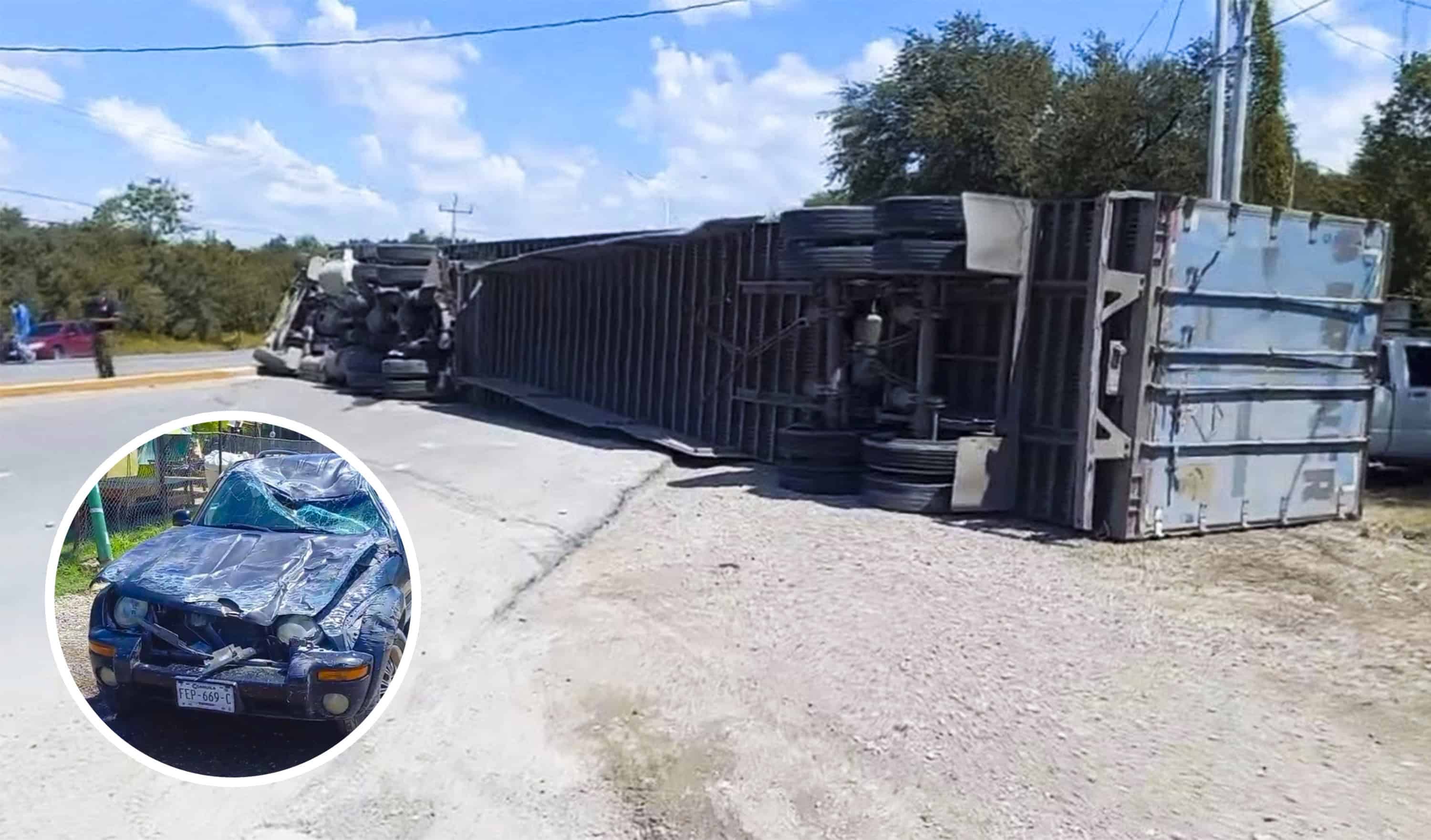 Tráiler vuelca y aplasta una camioneta en Nava