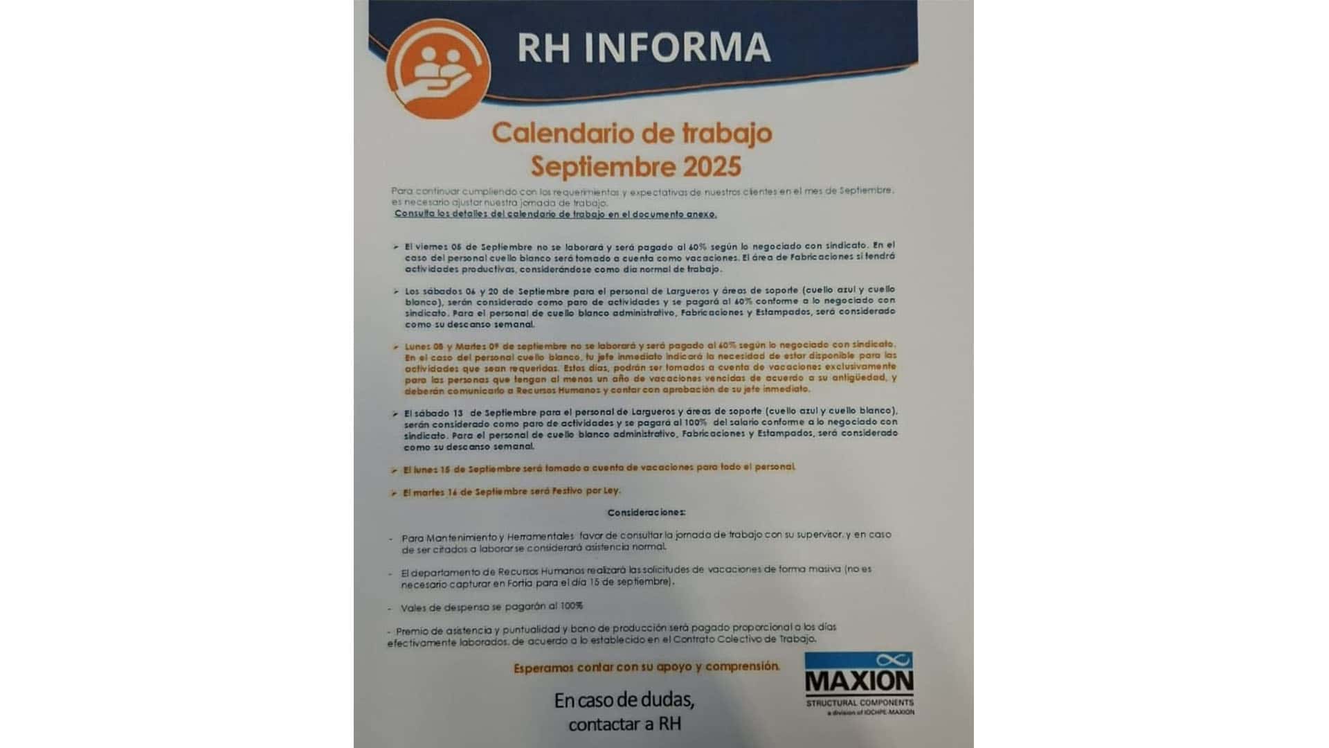 Ajustes en la Jornada Laboral de Maxion Inmagusa para Septiembre Generan Preocupación