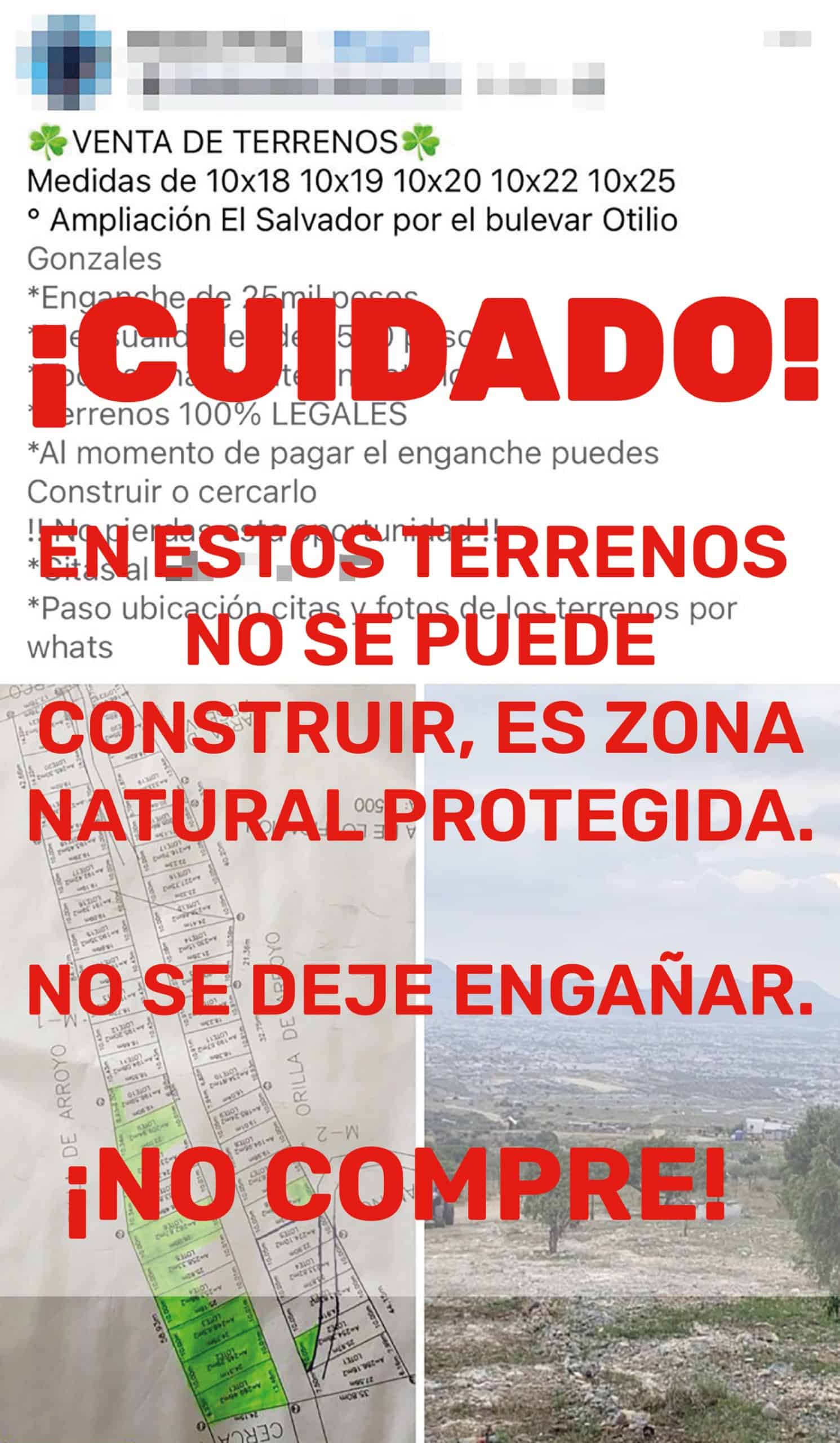 Autoridades de Saltillo advierten sobre venta ilegal de terrenos en zona protegida de Ampliación El Salvador.