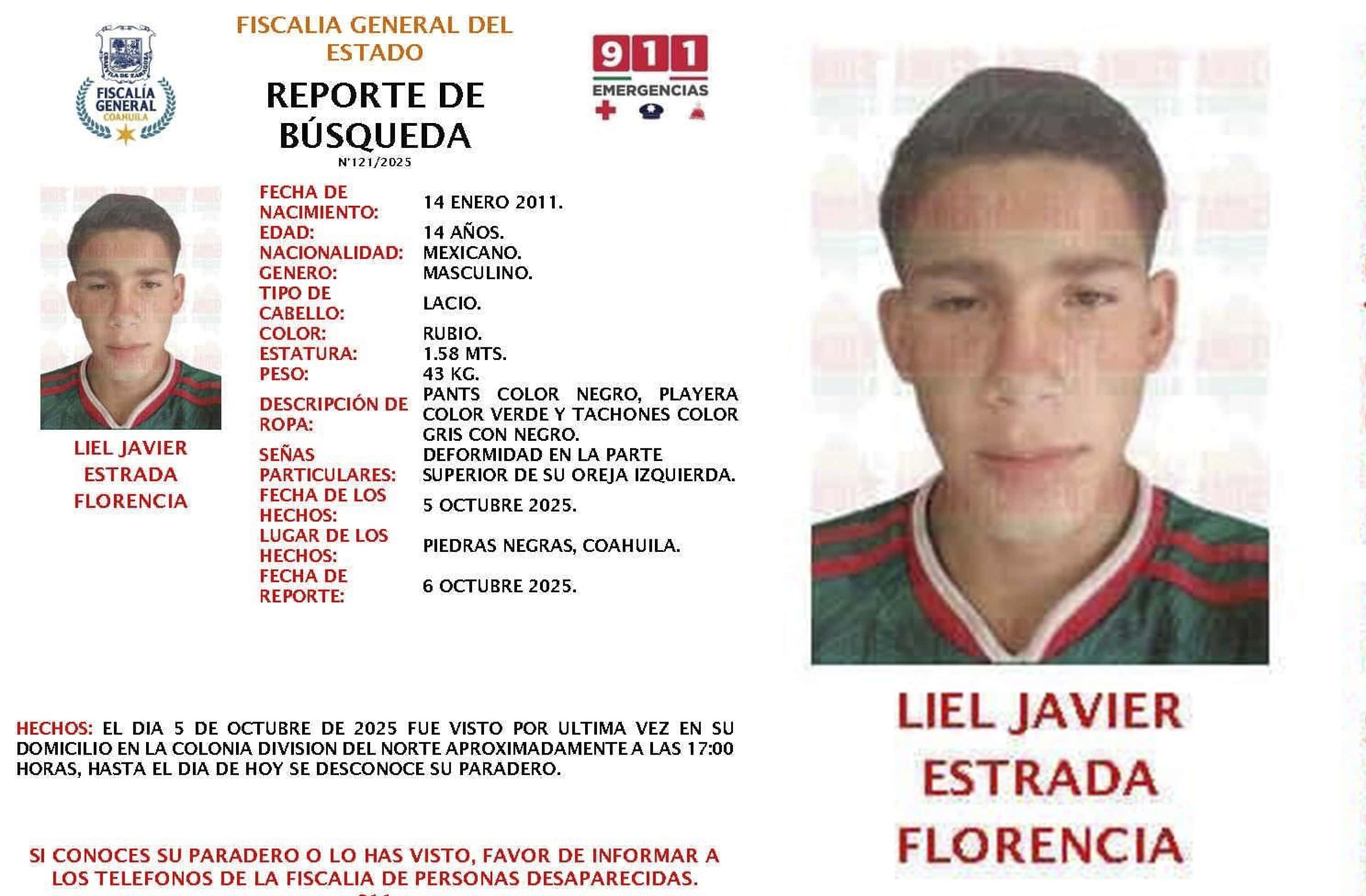 Fiscalía activa búsqueda urgente; fue visto por última vez el 5 de octubre en la colonia División del Norte.