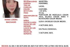 Fiscalía de Coahuila busca a Ivana Loera Machado desaparecida en Saltillo
