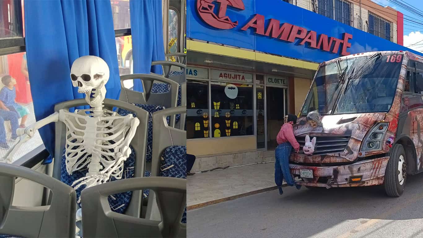 Empresario Enrique Ibarra Tamez sorprende con camión de transporte público temático de Halloween en Sabinas