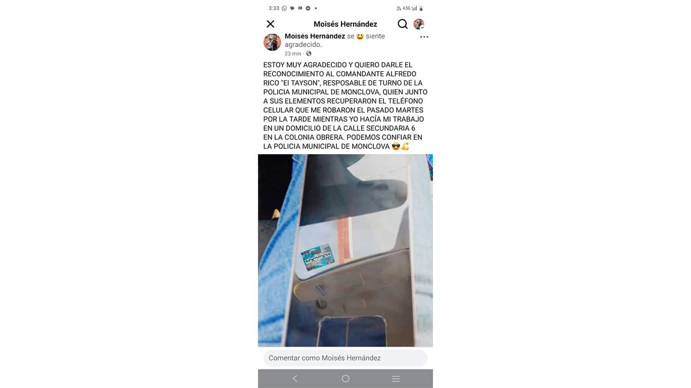 Afectado agradece a comandante por recuperación de celular en Monclova