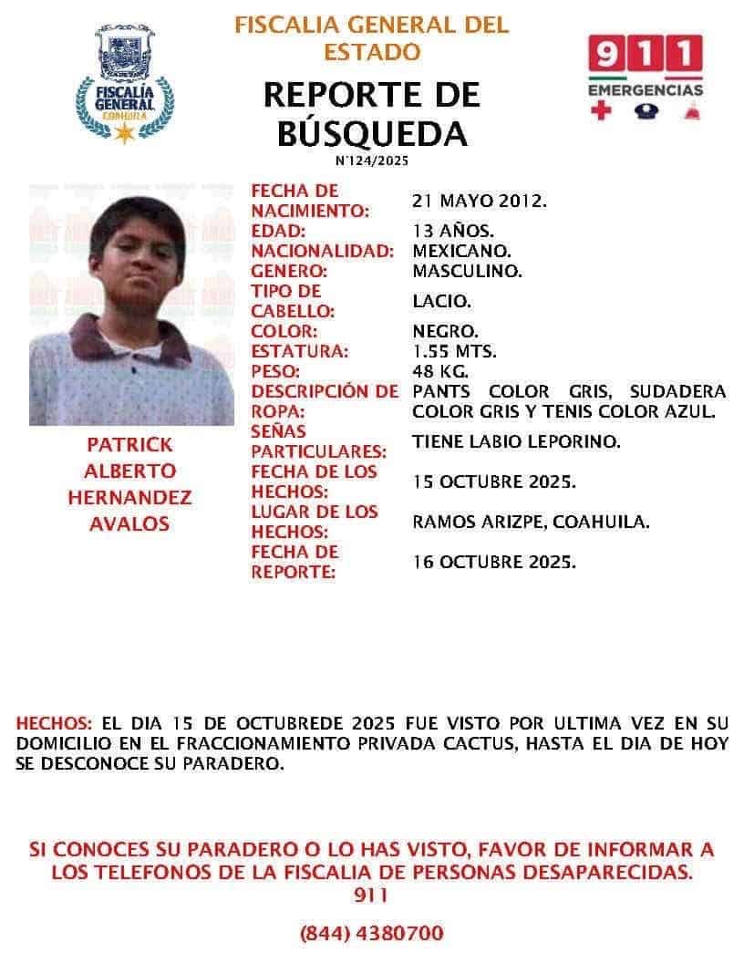 Buscan a Patrick en Ramos Arizpe