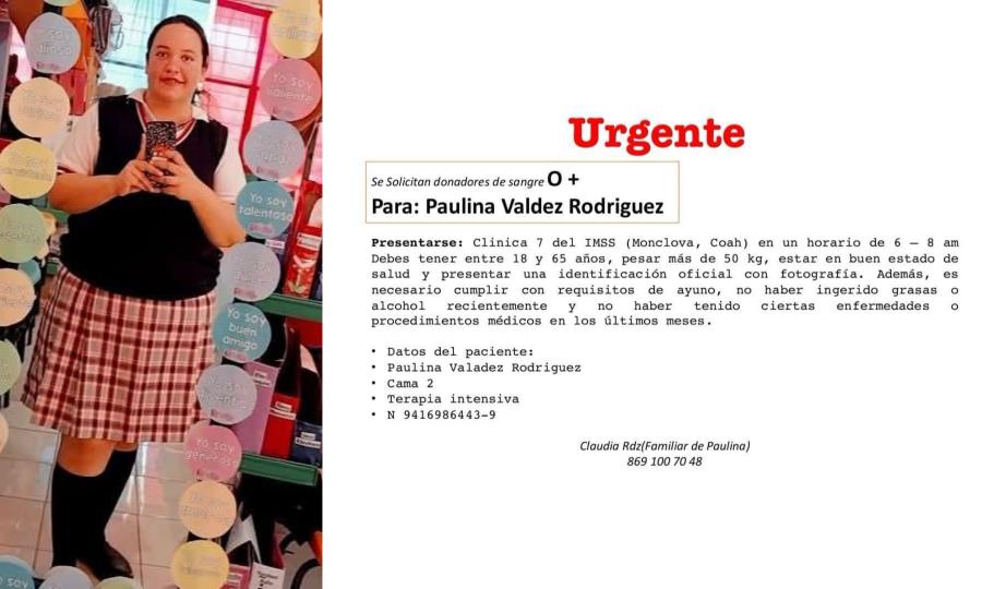 Paulina, estudiante de la Normal de Monclova, en lucha por su vida
