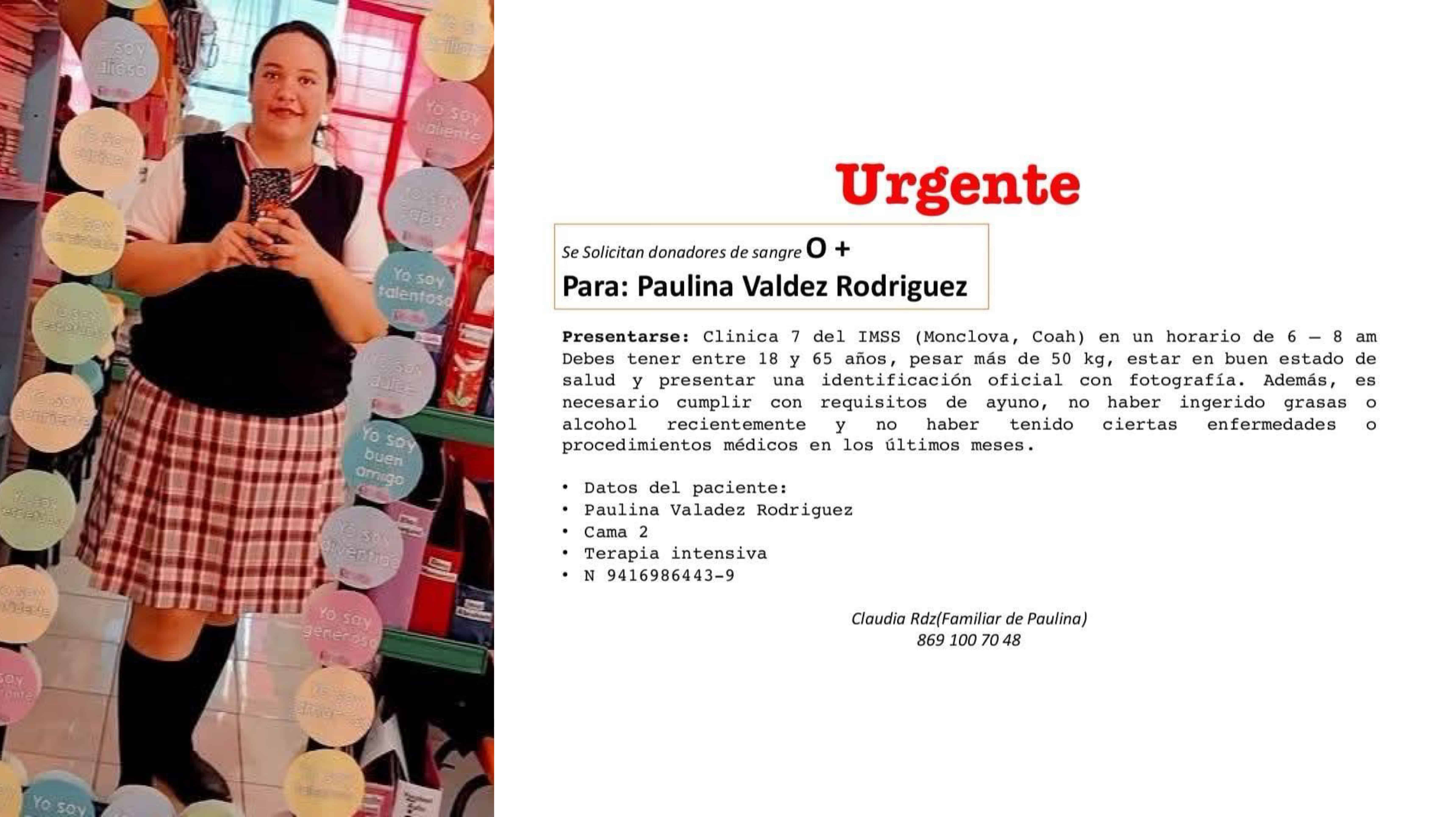 Paulina, estudiante de la Normal de Monclova, en lucha por su vida