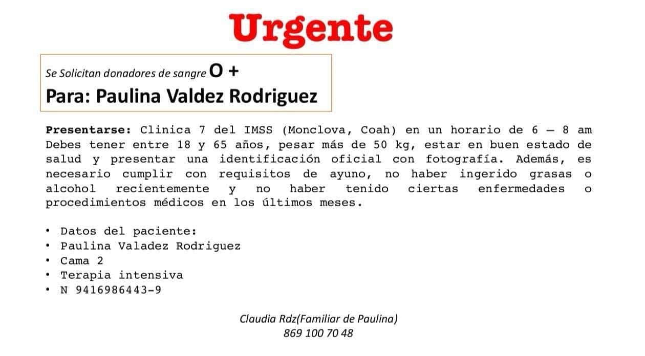 Estudiante  de Monclova grave e intubada por presunto Dengue; solicitan donantes de sangre