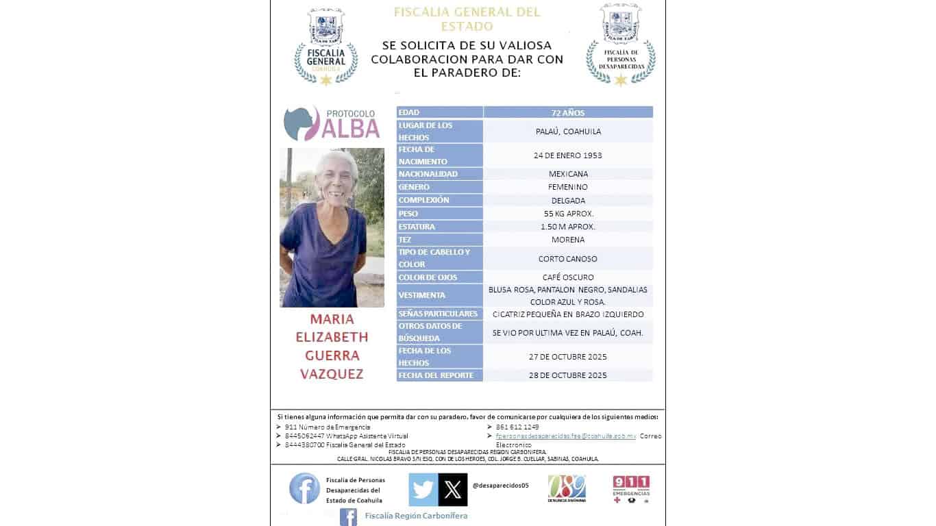 Intensiva búsqueda de María Elizabeth Guerra Vázquez en Múzquiz