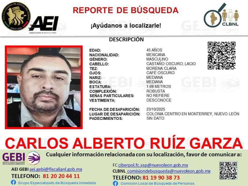 Originario de Cuatro Ciénegas, buscan a Carlos Alberto Ruíz Garza desaparecido en Monterrey