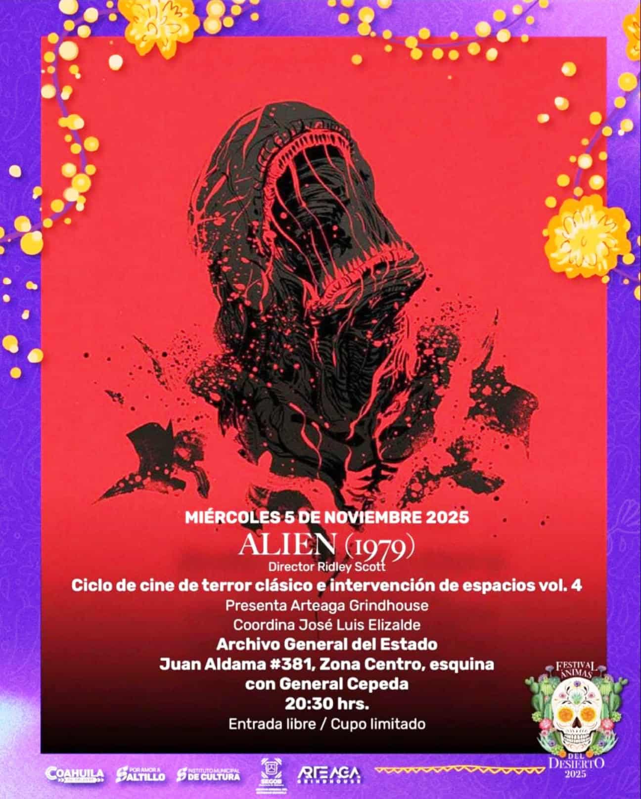 El Gobierno Municipal de Saltillo invita a disfrutar del cierre del ciclo de cine de terror dentro del Festival Ánimas del Desierto 2025.