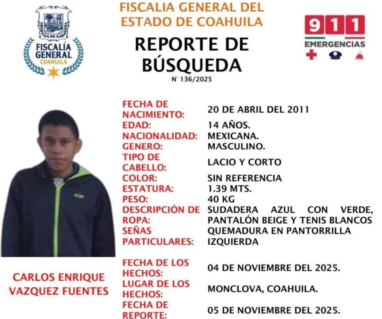 Buscan a Menor Desaparecido en Monclova