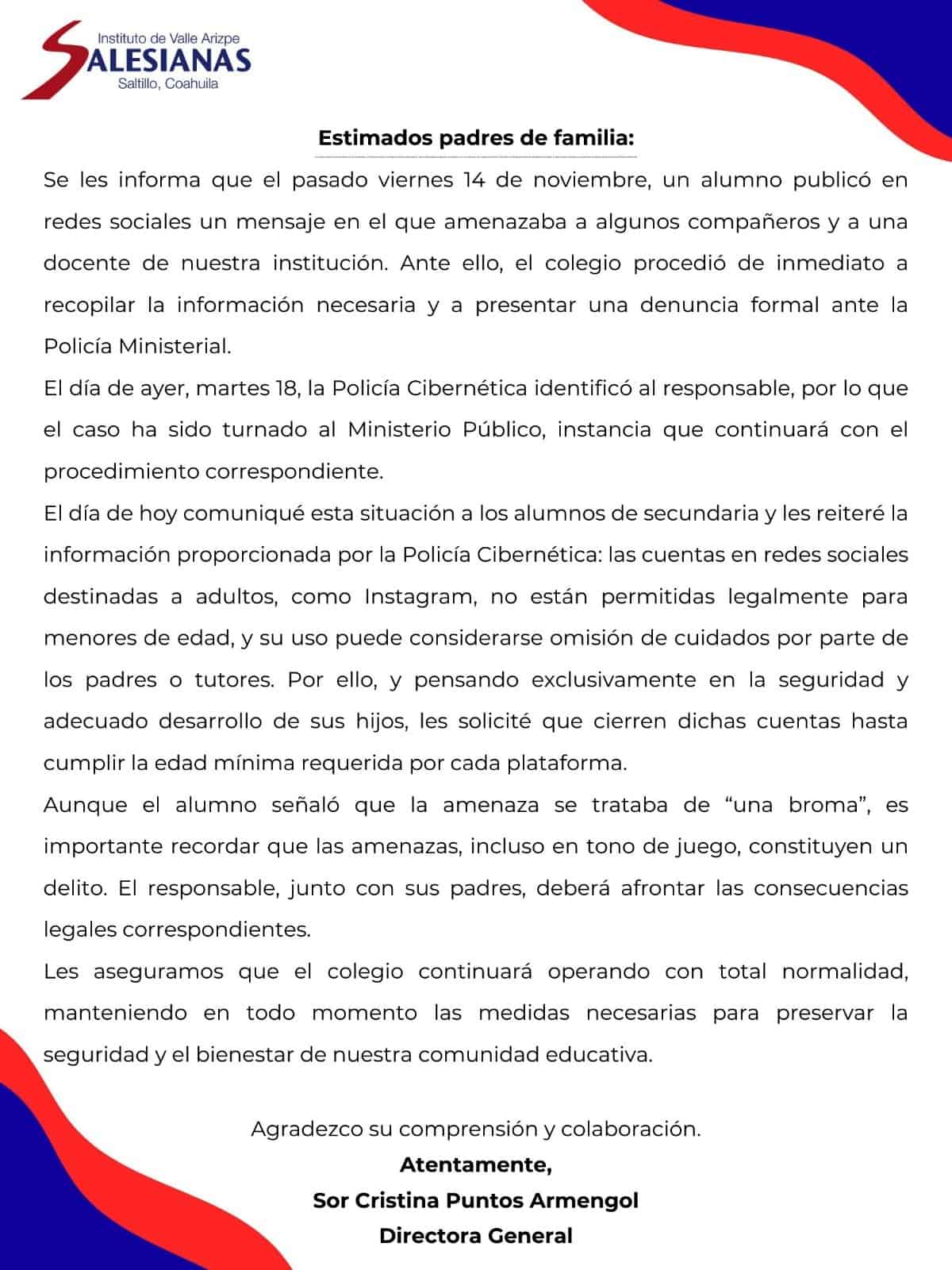 Amenaza de tiroteo en Saltillo: Instituto del Valle Arizpe bajo alerta