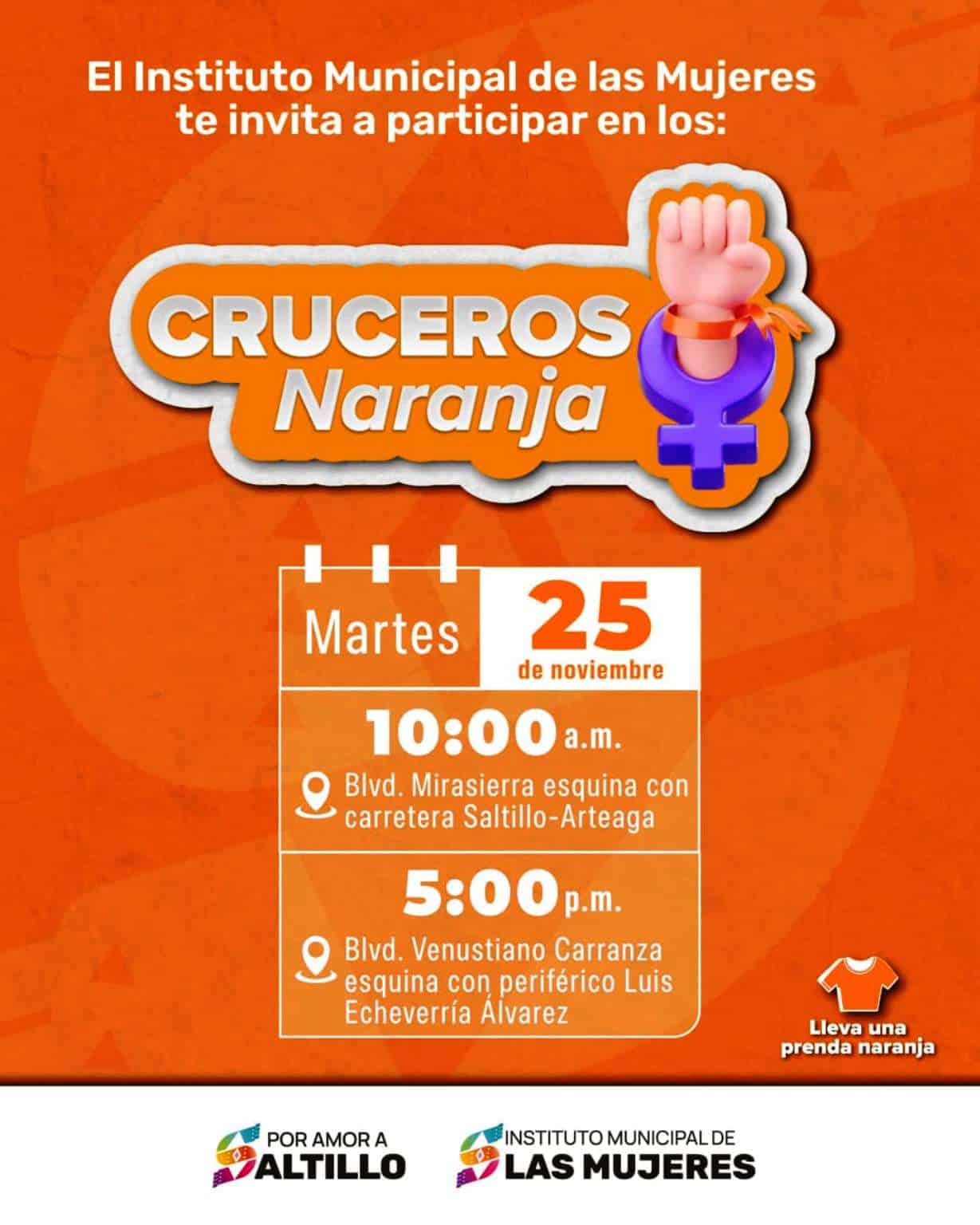 Cruceros Naranjas en Saltillo: Actividades por la eliminación de violencia contra mujeres