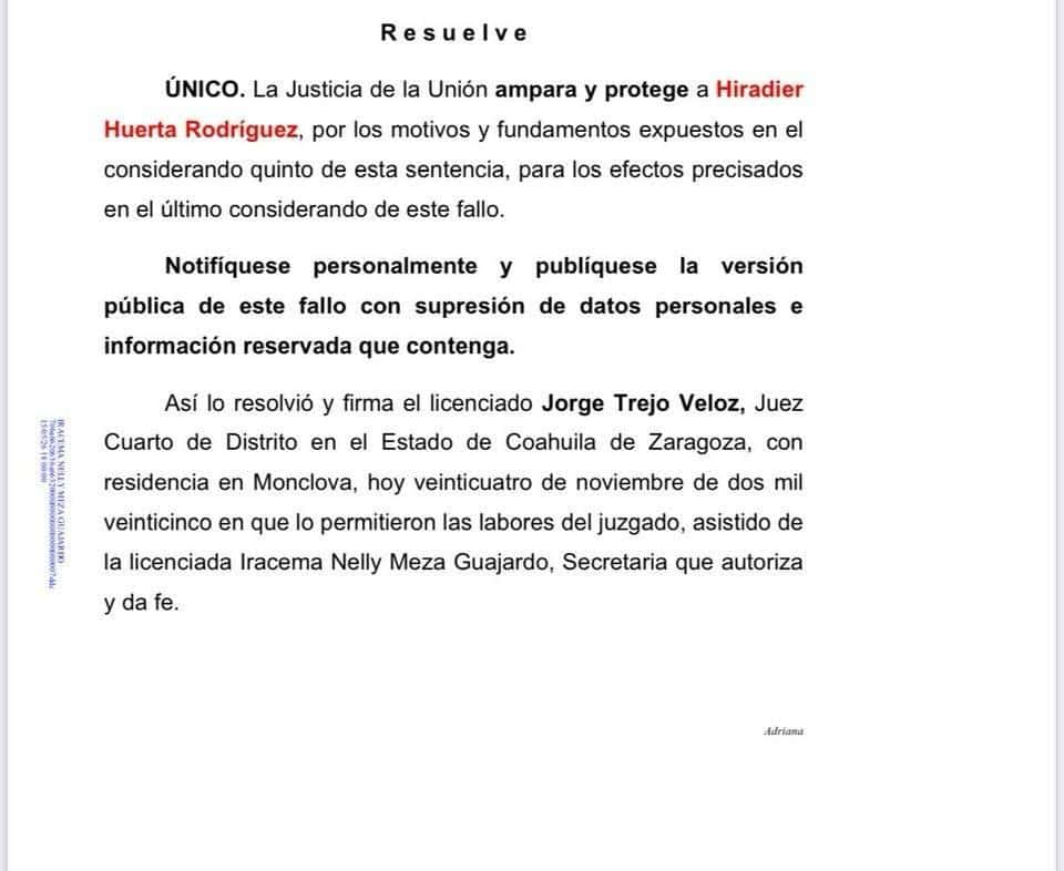 Amparo federal a exjuez Hiradier Huerta por violación de derechos en Monclova