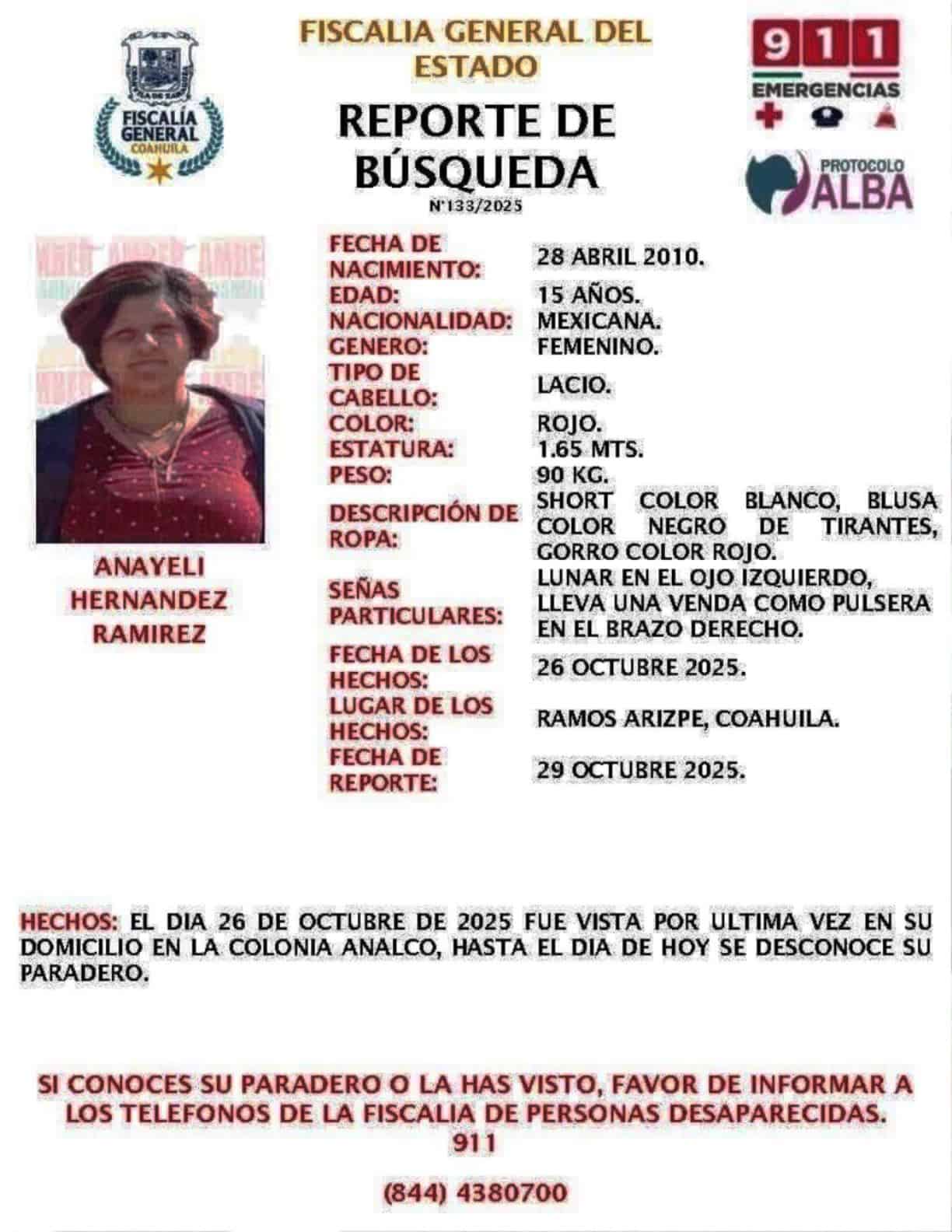 Ficha de búsqueda de Anayeli Hernández Ramírez, desaparecida desde el 26 de octubre en Ramos Arizpe.