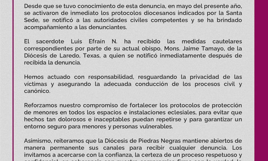Diócesis de Piedras Negras activa protocolos ante denuncia de abuso sexual