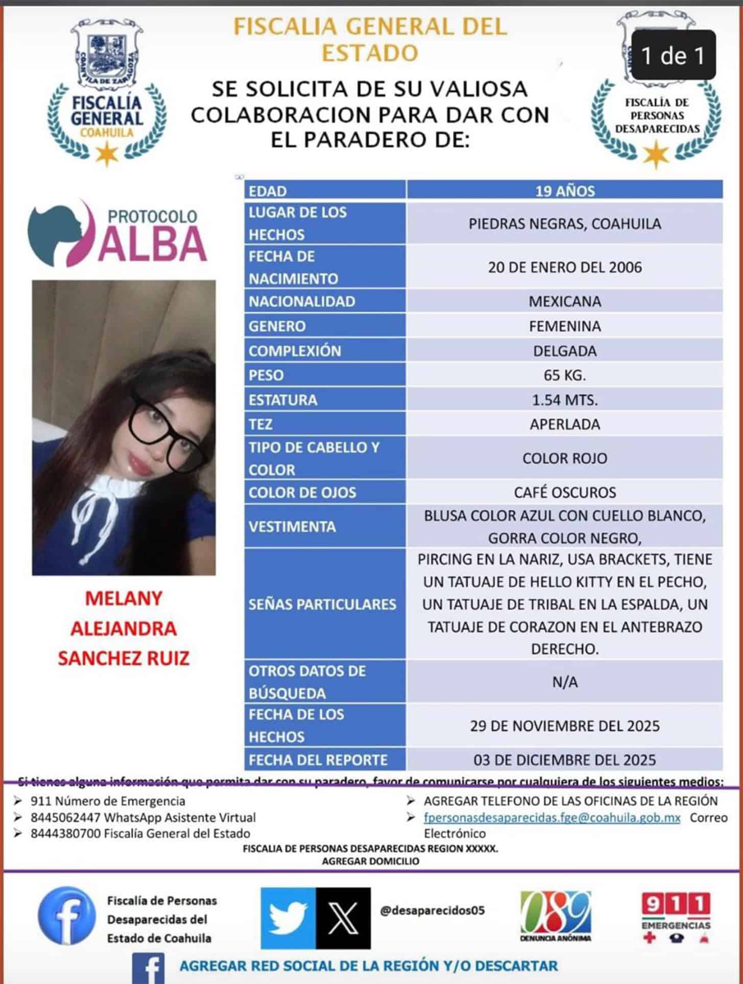 Activa Fiscalía el Protocolo Alba para localizar a joven desaparecida en Piedras Negras