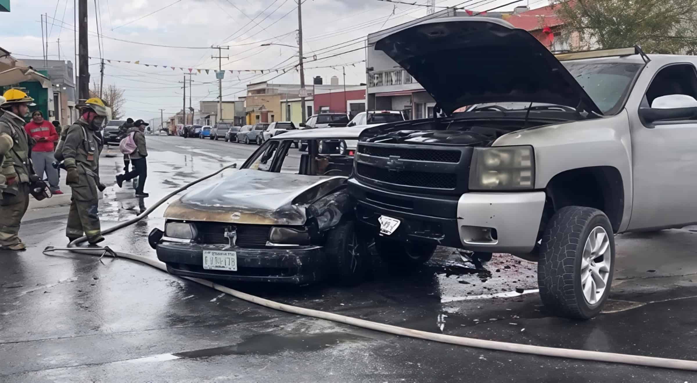 Taxi incendiado en colonia Bellavista tras choque con camioneta