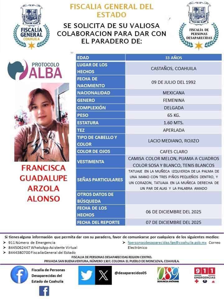 Piden apoyo para localizar a mujer desaparecida en Castaños