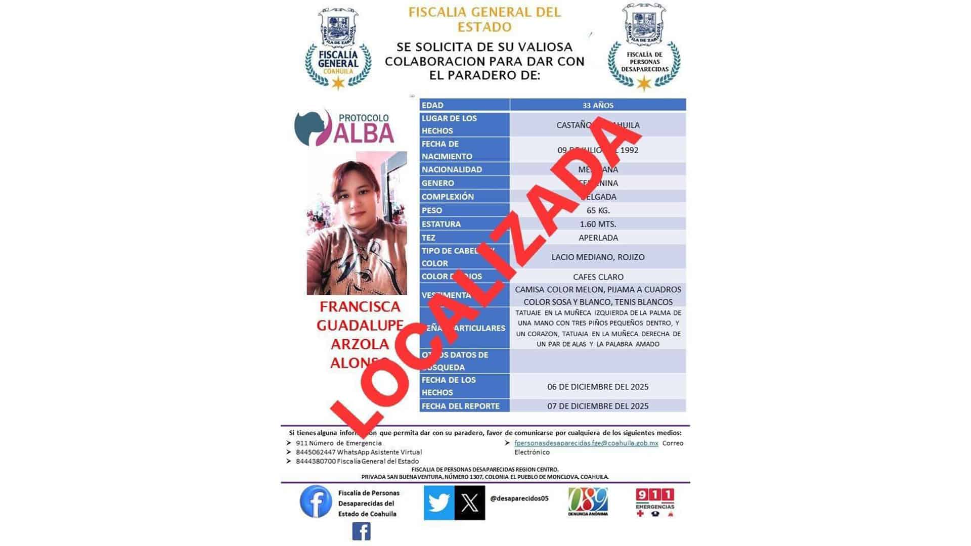 Localizan a Francisca Arzola en Castaños tras su desaparición