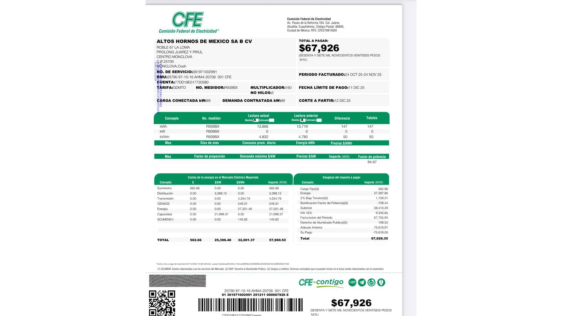 AHMSA Monclova destina m&aacute;s de 70 mil pesos a CFE en diciembre