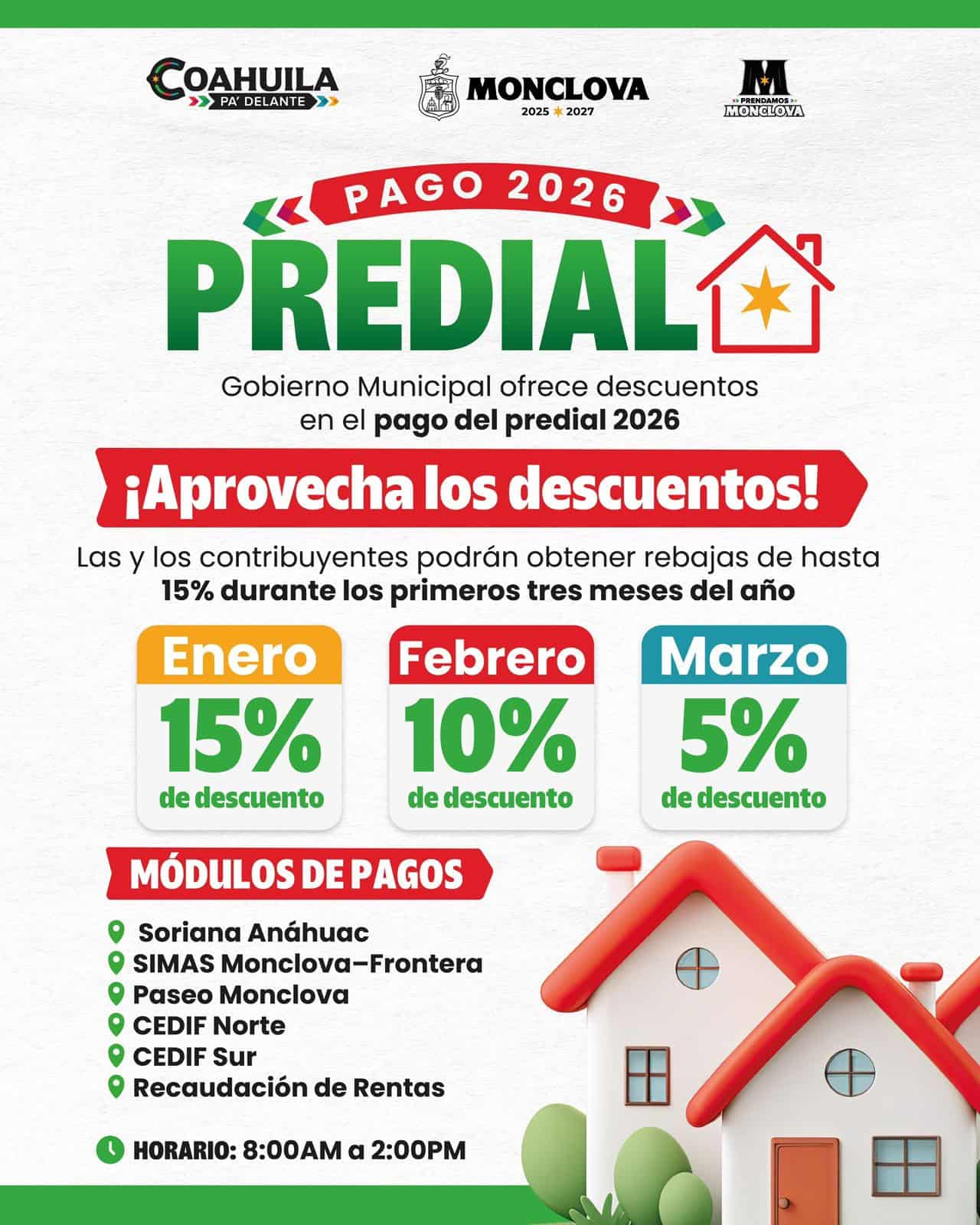 Gobierno Municipal de Monclova ofrece descuentos en impuesto predial 2026