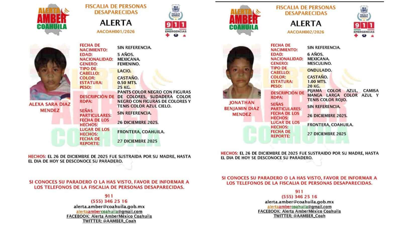 Madre sustrae a sus dos hijos en Frontera; activan Alerta Amber en Coahuila