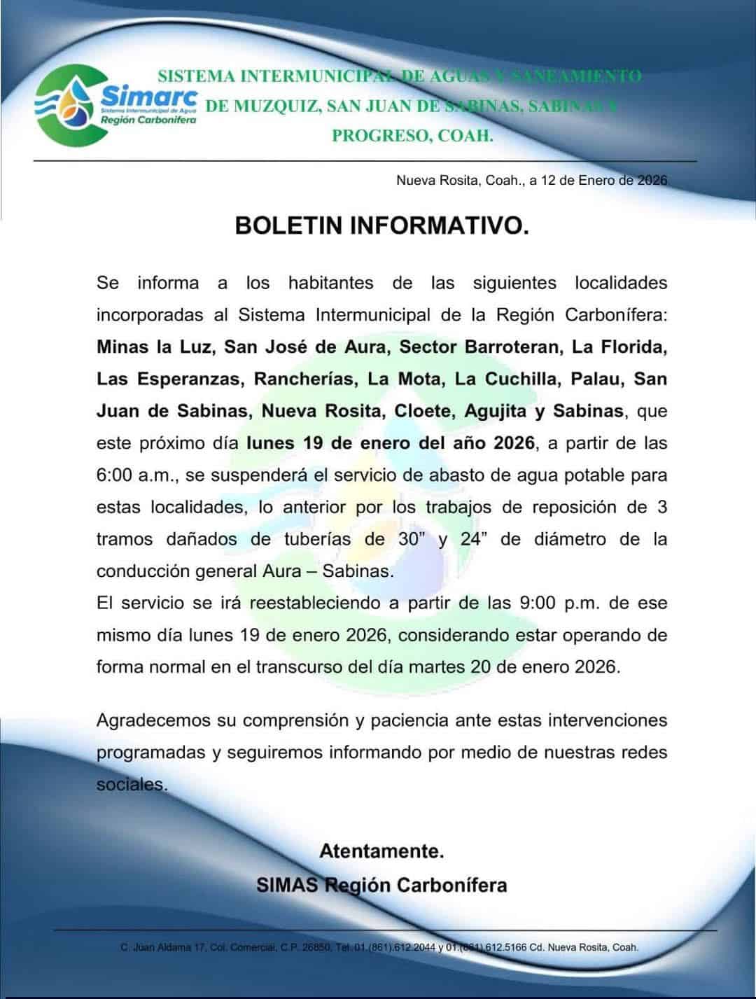 Suspender&aacute; SIMARC suministro de agua