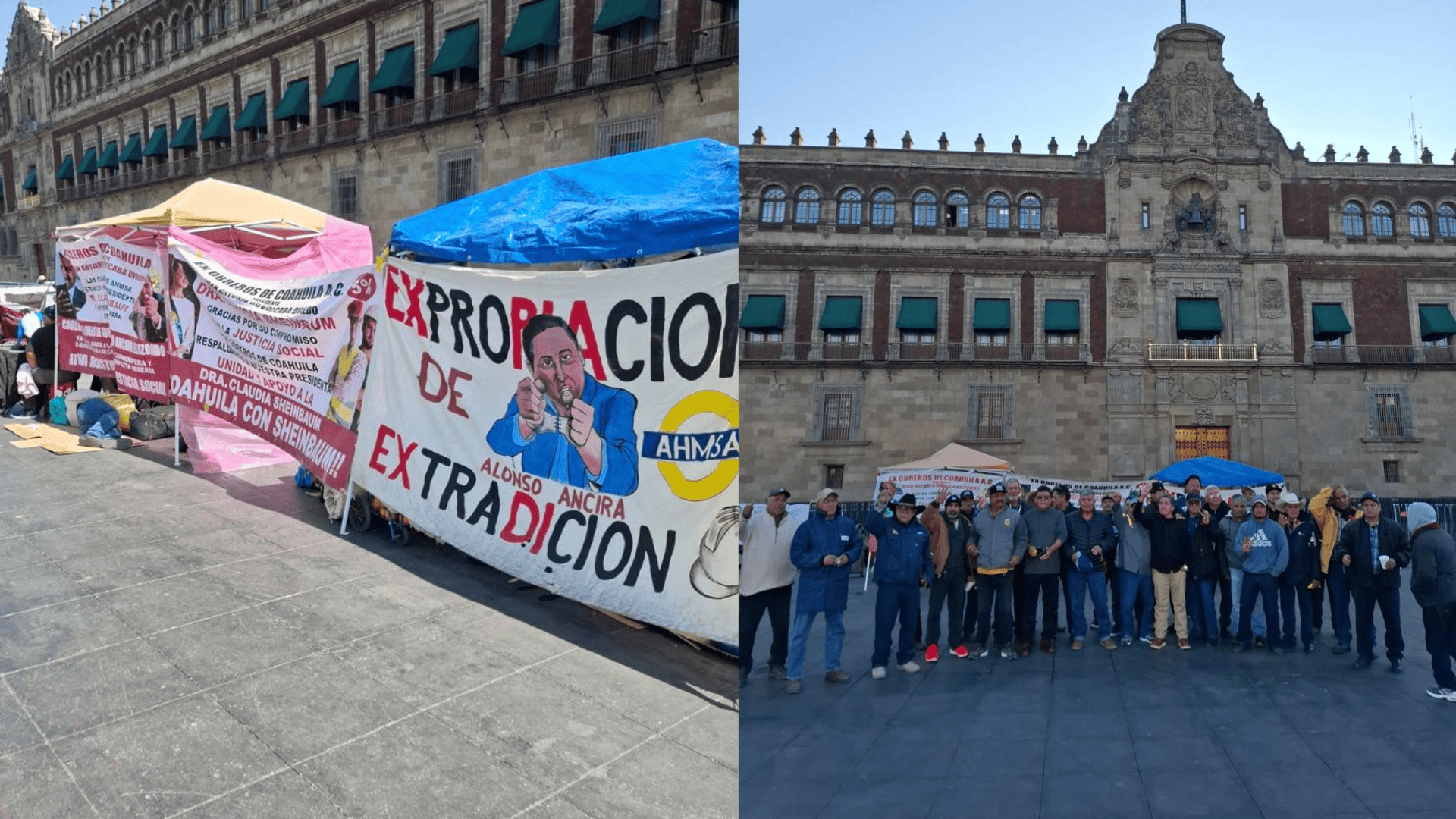 Ex trabajadores de AHMSA instalan campamento en Palacio Nacional