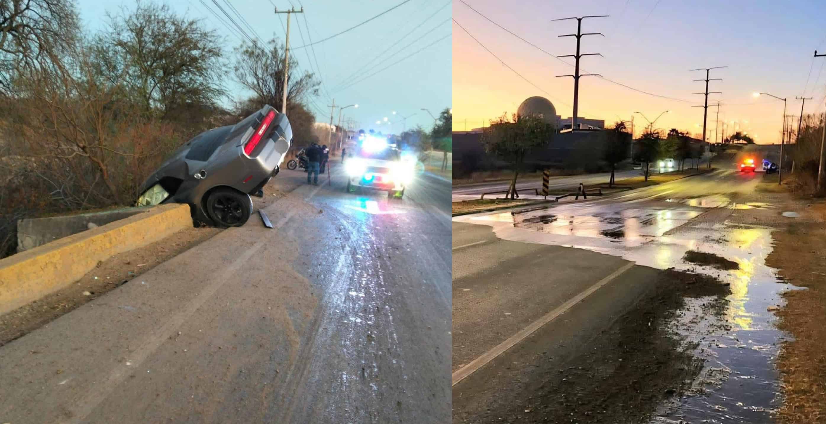 Capa de hielo provoca salida de camino y volcadura cerca del Teatro de la Ciudad