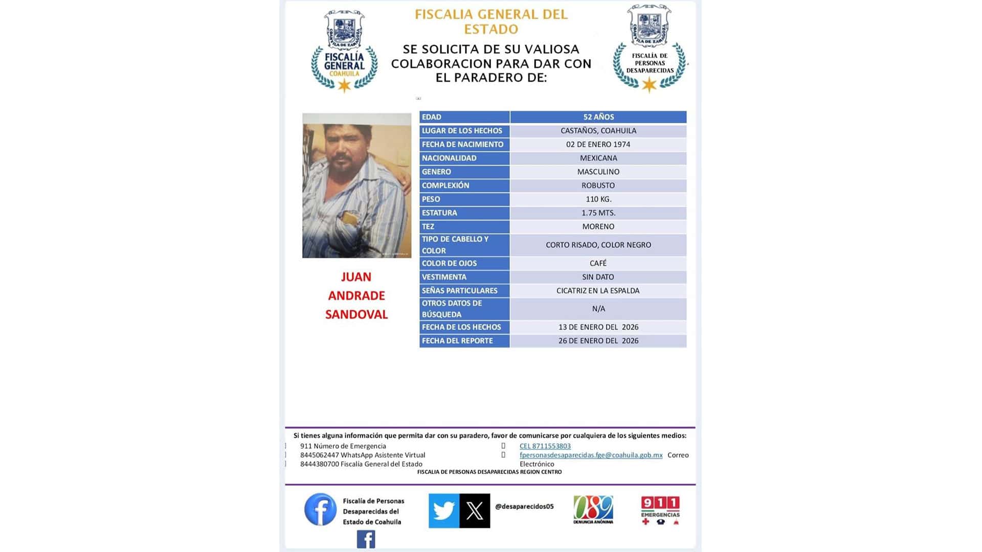 Fiscal&iacute;a de Coahuila emite alerta por desaparici&oacute;n de Juan Andrade