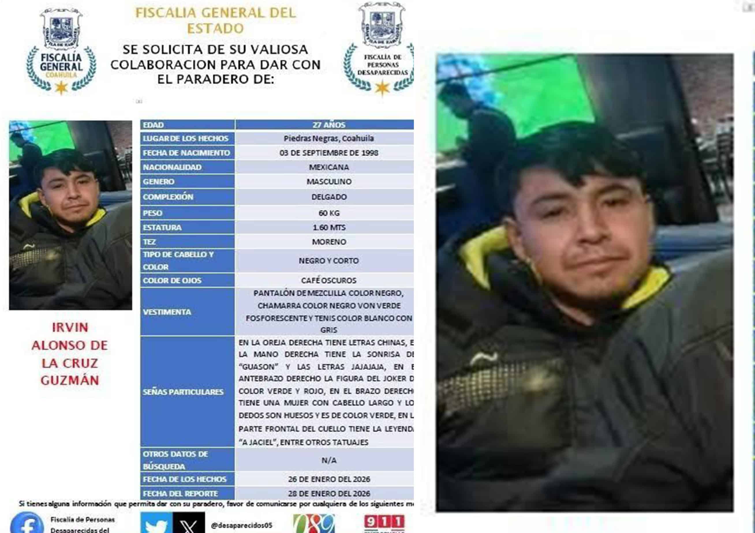 Alerta por desaparici&oacute;n de joven en Piedras Negras