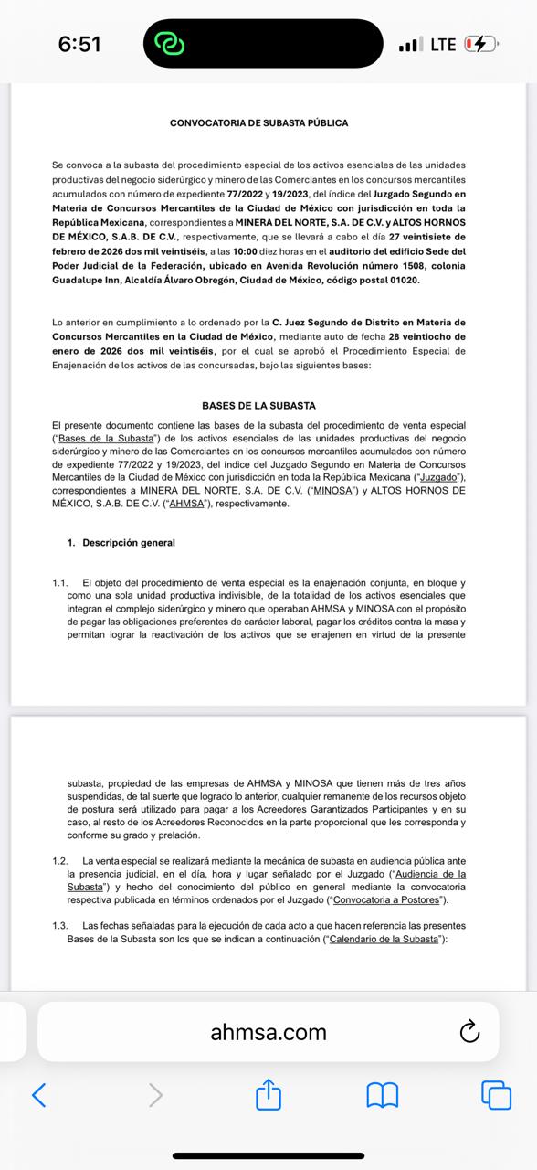 Oficializan subasta de AHMSA y MINOSA