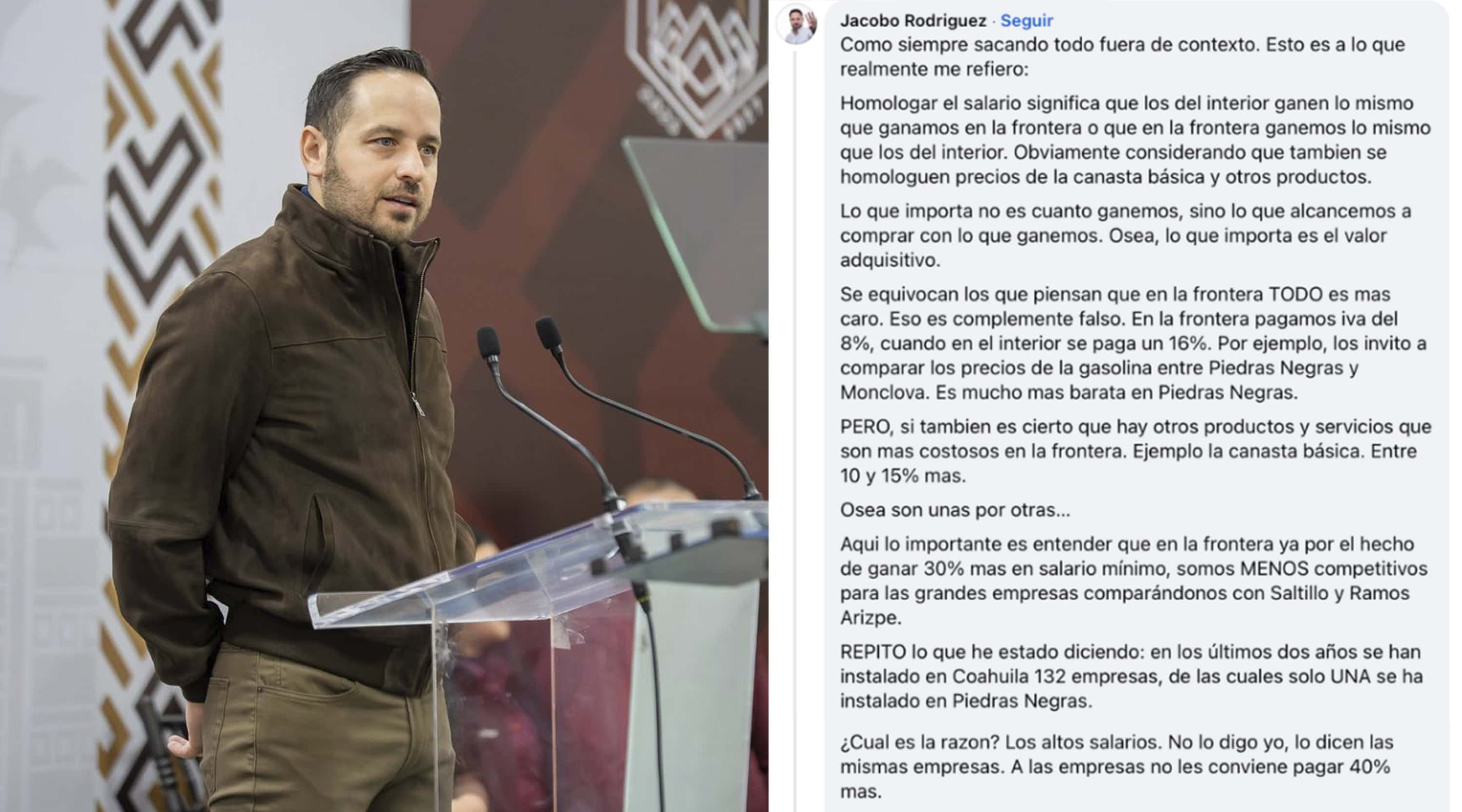 Acusa Jacobo que sacaron de contexto sus declaraciones de homologar el salario fronterizo