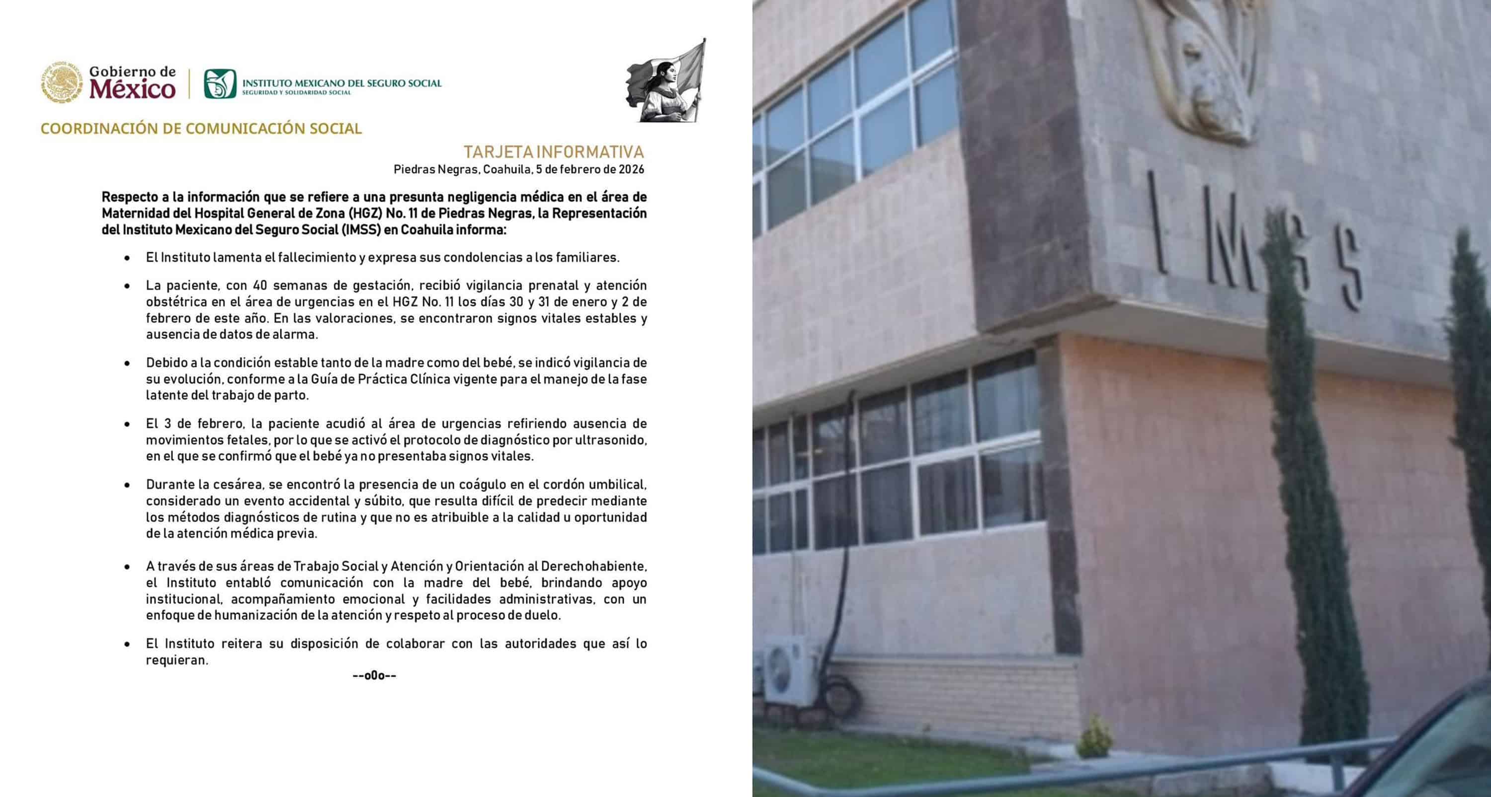 IMSS descarta negligencia m&eacute;dica tras muerte fetal en hospital de Piedras Negras