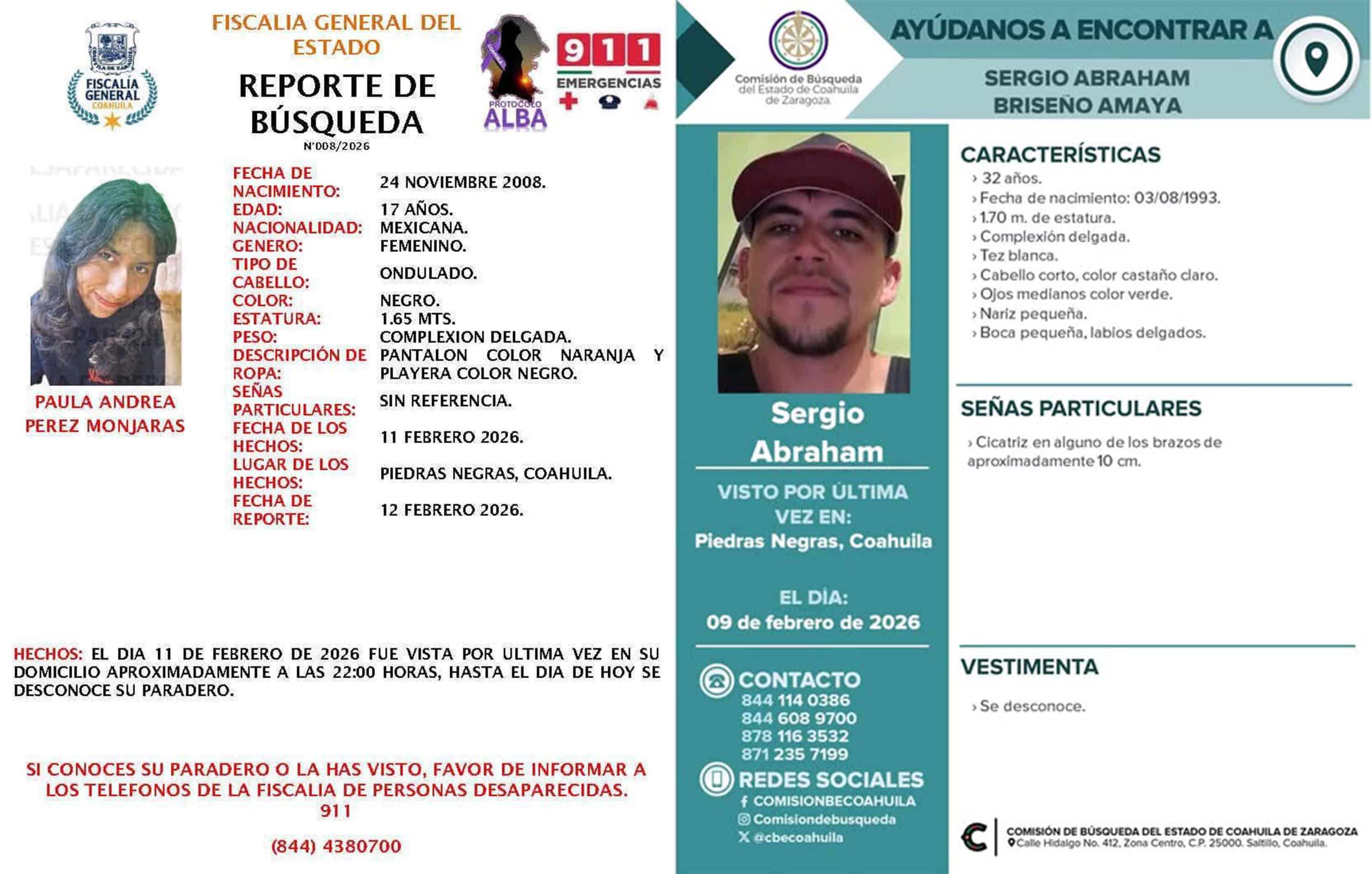 Emiten fichas de b&uacute;squeda para dos personas desaparecidas en Piedras Negras