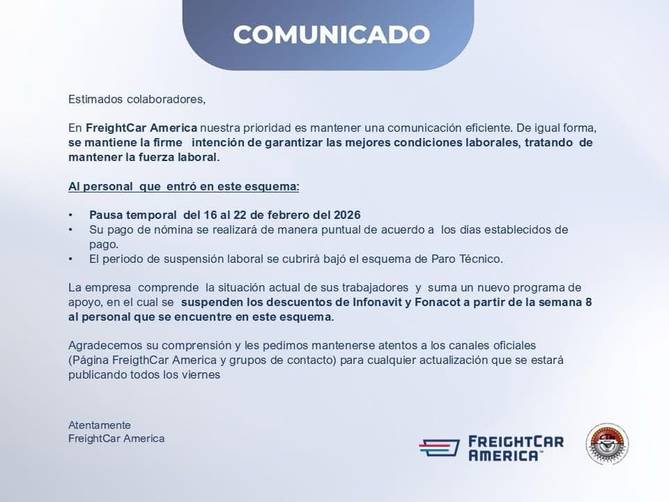 FreightCar America anuncia paro t&eacute;cnico en planta de Casta&ntilde;os; garantizan pagos y suspenden retenciones