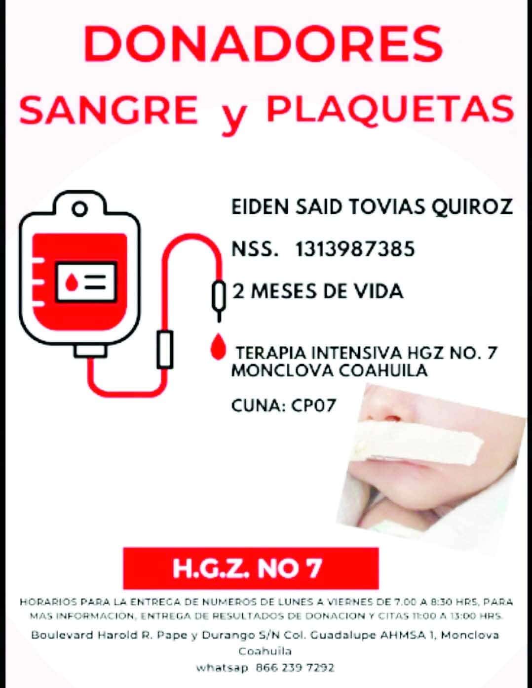 Eiden Tov&iacute;as requiere donaci&oacute;n de sangre urgente en Monclova