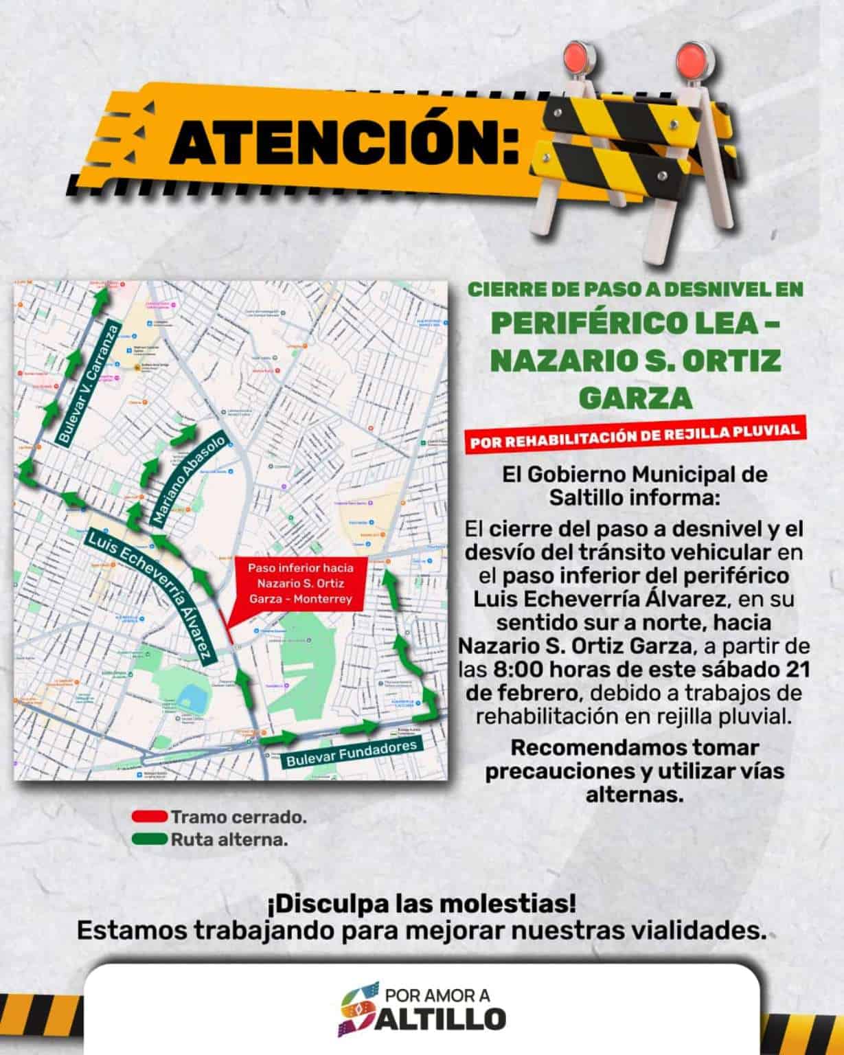 Cierre del paso a desnivel en Saltillo por trabajos de rehabilitaci&oacute;n