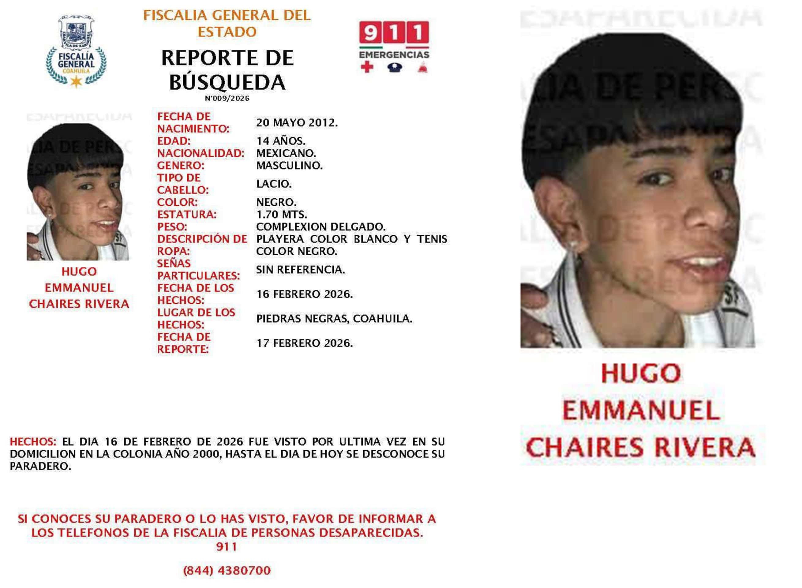 Emiten ficha de b&uacute;squeda  por menor desaparecido en Piedras Negras