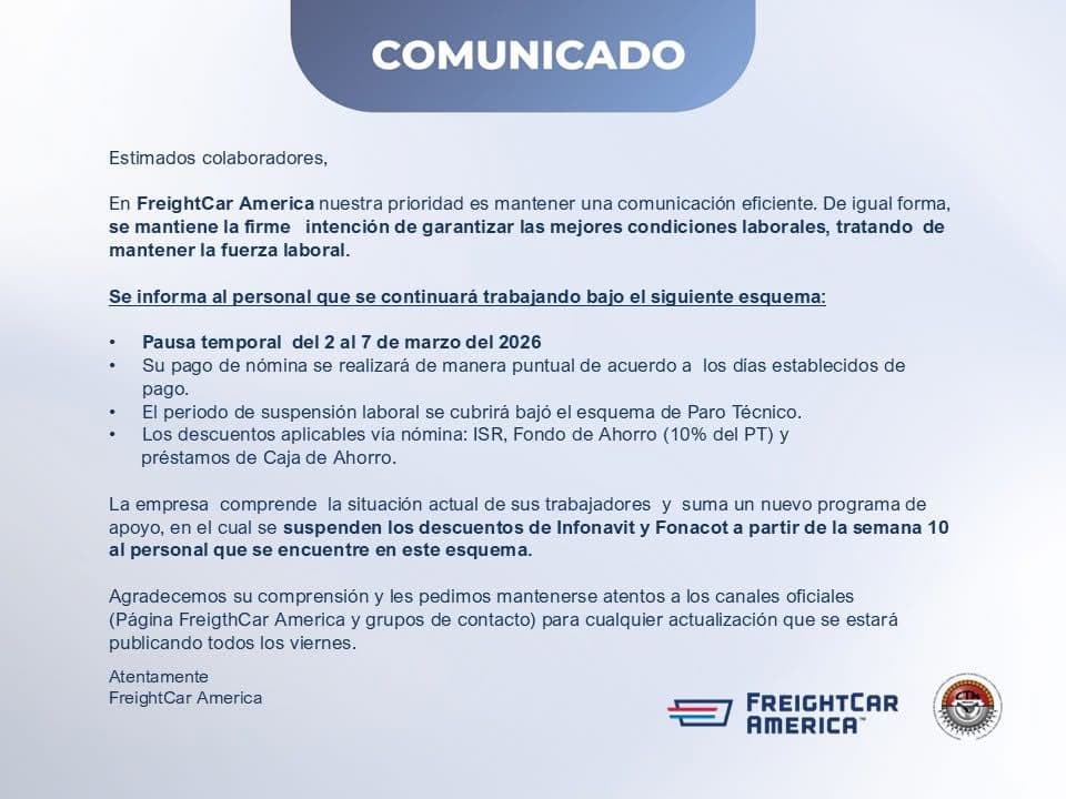 FreightCar America anuncia nueva pausa temporal en medio de semanas de paro t&eacute;cnico