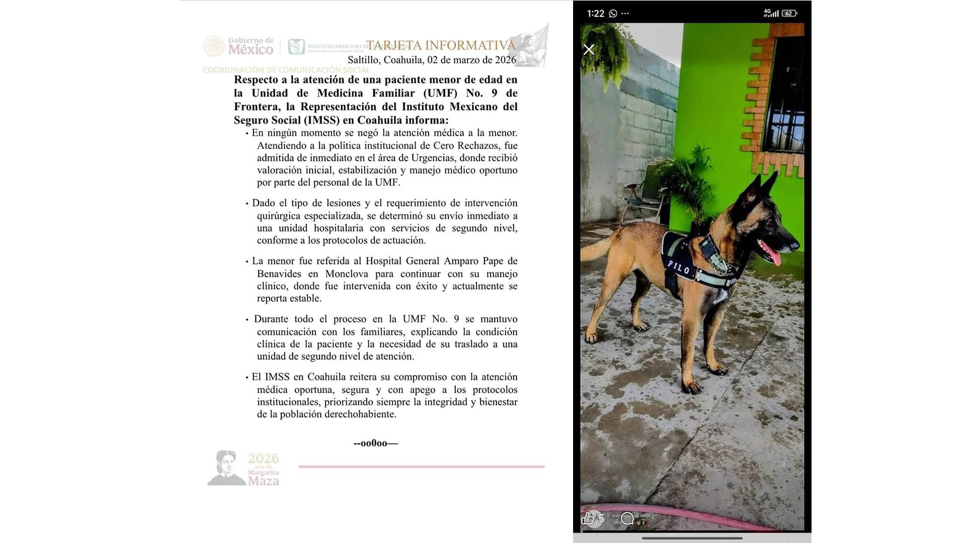 Menor recibe atenci&oacute;n m&eacute;dica en IMSS Frontera y es referida a Monclova