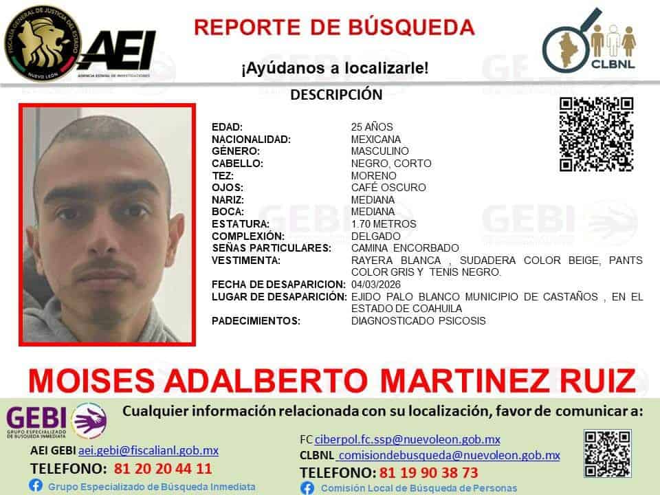 REPORTAN DESAPARICI&Oacute;N DE JOVEN DE 25 A&Ntilde;OS EN EJIDO PALO BLANCO, CASTA&Ntilde;OS