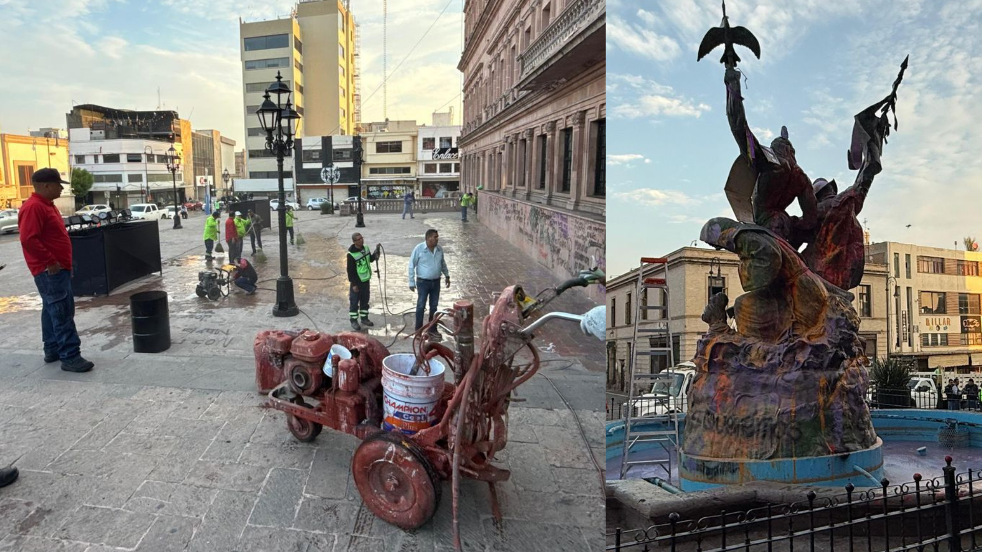 Limpian pintas del 8M en la Plaza Nueva Tlaxcala de Saltillo